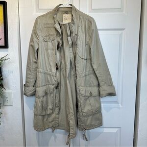 Free People Khaki Tan Long Lined 100% Cotton Utility Jacket Size Large EUC